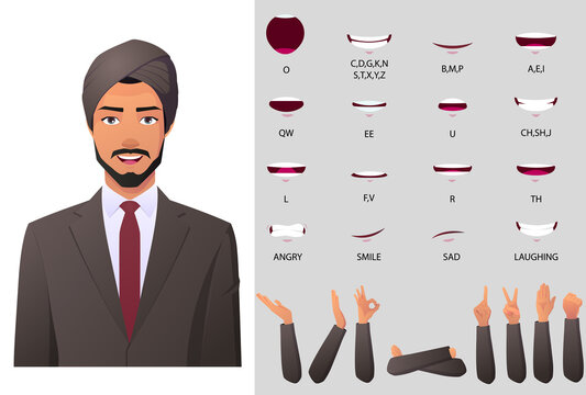 Indian Business Man Wearing Turban Mouth Animation and lip Sync Set with Hand Gestures