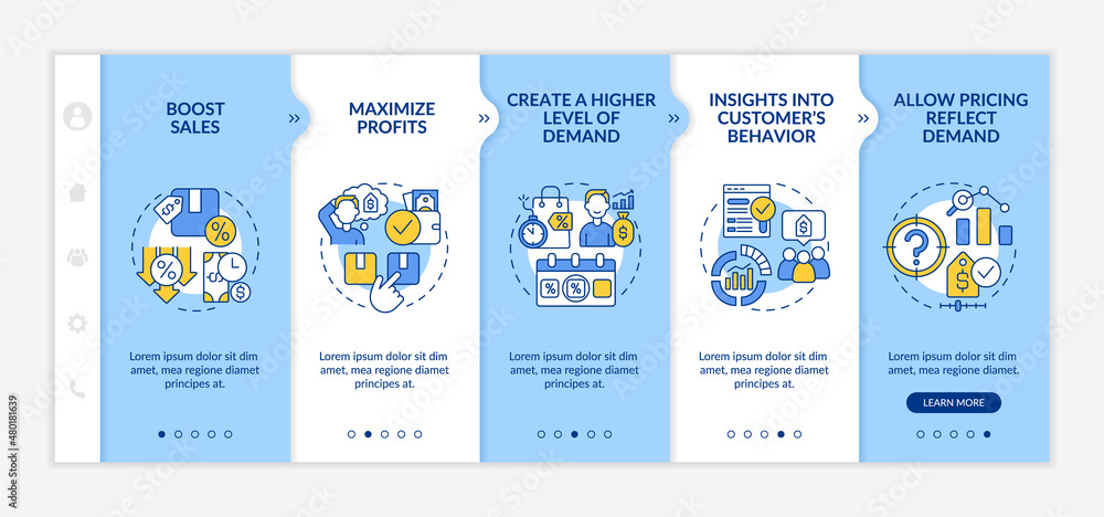Poster dynamic pricing benefits blue and white onboarding template. maximize profits. responsive mobile web