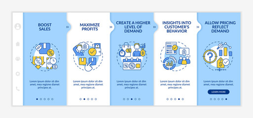 Dynamic pricing benefits blue and white onboarding template. Maximize profits. Responsive mobile website with linear concept icons. Web page walkthrough 5 step screens. Lato-Bold, Regular fonts used