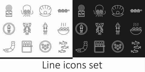 Set line Fishes, soup, Shell with pearl, Lobster, Octopus on plate, Canned fish, and icon. Vector