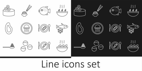 Set line Fish soup, with caviar, Puffer fish, Jellyfish on plate, Mussel, Tin can, Served cucumber and Sushi icon. Vector