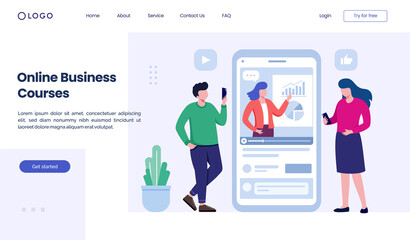 Online business courses concept. e-learning landing page website illustration flat vector template banner and background