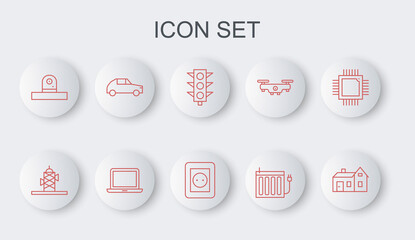 Set line House, Antenna, Traffic light, Heating radiator, Security camera, Car, Laptop and Electrical outlet icon. Vector