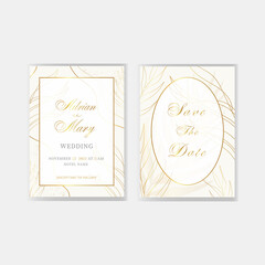 Elegance wedding invitations with golden botanical elements on beige background. Save the date, invite. Hand drawn floral. Card template, posters, banner. Festive vector illustration. 