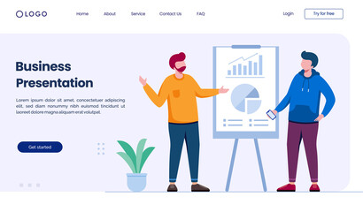 business presentation, discussion, brainstorming, finance and business flat vector template and background