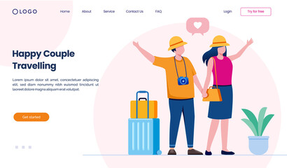 Happy couple traveling. holiday concept landing page website illustration flat vector template background