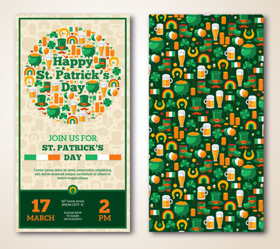 Set Of Vintage Happy St. Patrick's Day Greeting Card or Flyer. Vector illustration. Party Invitation Design with Irish Elements Pattern. Typographic Template for Text. - Powered by Adobe