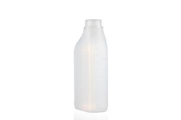 White measuring bottle with transparent liquid inside, isolated on a white background.