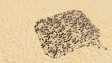 Concept conceptual stones on beach sand handmade symbol shape, golden sandy background, cloud sign. 3d illustration metaphor for communication, online talking, chatting, internet discussion
