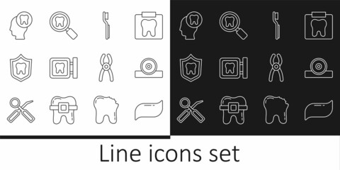Set line Toothpaste, Otolaryngological head reflector, Toothbrush, Dental clinic location, protection, Human with tooth, pliers and search icon. Vector