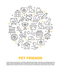 Pet friends. Vector infographic background of thin line pet and veterinary icons with dog, cat, bird, turtle, fish, animal toys. Outline collection for web design, banner, pet shop, veterinary clinic