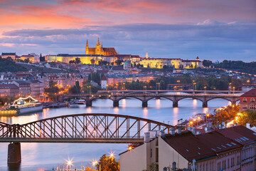 Prague at sunset. Cityscape image of Prague, capital city of Czech Republic with St. Vitus...