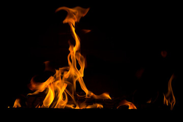Fototapeta premium Bright orange bonfire flame on a black background. Abstract fiery texture. Realistic flame of fire burns the motion frame. Texture for design. The texture of fire. A blazing burning bonfire.