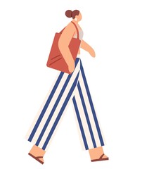 Woman walking with tote bag. Modern female in casual clothes, pants, top and flip-flops, going. Flat illustration isolated on white background