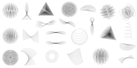 Abstract line geometric shapes set. Futuristic graphic elements. Retro futurism collection. Modern art design with circles, triangles, 3d abstract dotted shapes. Vector illustration.