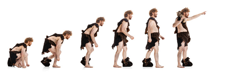 Collage. Full-length portrait of man in character of neanderthal posing isolated over white...