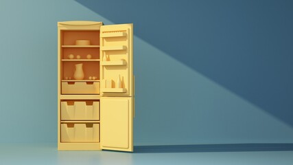 open yellow refrigerator on blue background