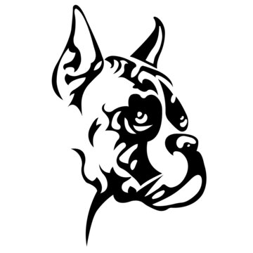 Silhouette of the muzzle of a dog of the Boxer breed in black, drawn with lines of various widths. Design for a logo, tattoo, mascot, emblem, keychain, print on clothes. Vector isolated illustration