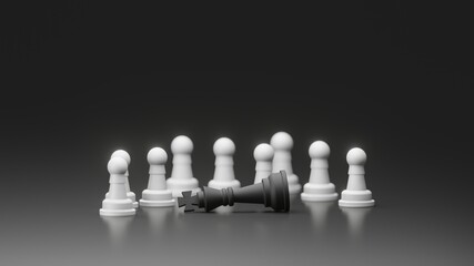 Falling black king in front of group black pawn with dark background. 3D illustration of beaten up