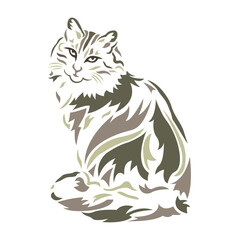 The silhouette of a fluffy beige cat drawn with lines of various widths. Design for logo, tattoo, symbol, mascot, emblem, icon, print on clothes. Vector isolated illustration