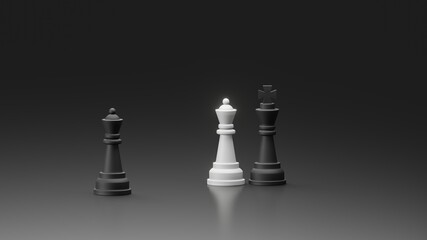 Standing black queen in front of white queen and black king couple with dark background. 3D illustration of man affair in chess with copy space
