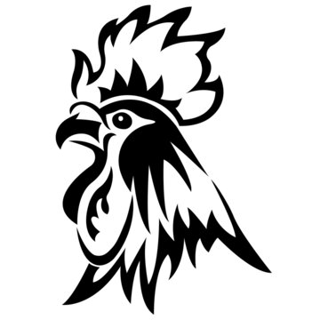 Rooster chick muzzle silhouette painted black painted with curved lines. Design for logo, tattoo, farmland, mascot, emblem, keychain, print on clothes. Vector isolated illustration