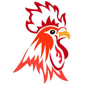 Silhouette of the muzzle of a rooster hen, painted in different colors, drawn with different lines. Design for logo, tattoo, farmland, mascot, emblem, keychain, print on clothes. Vector isolated