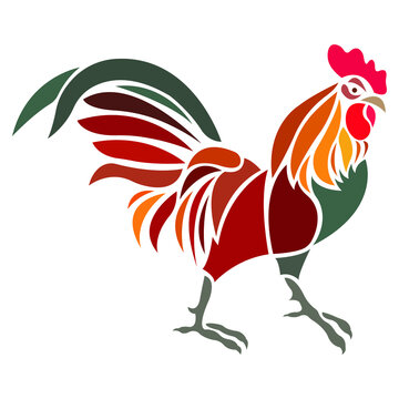 Silhouette of the outline of a rooster hen, painted in different colors, drawn with different lines. Design for logo, tattoo, farmland, mascot, emblem, keychain, print on clothes. Vector isolated