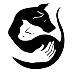 Protection and care of pets. Cat and dog human hug logo. Vector isolated illustration drawn in black on a white background