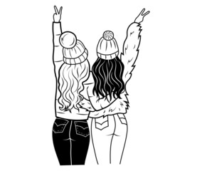 Two best friends hugging with showing hands a peace. Young people  having good time together. Happy friendship day.  Fun meeting. An illustration of female strong friendships.