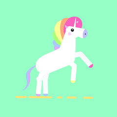 White unicorn head with rainbow mane and horn. Vector illustration.