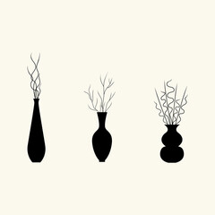 A set of black silhouette of decorative vases of different shapes with branches and design elements on beige background. Isolated. For decor interior. Vector illustration.