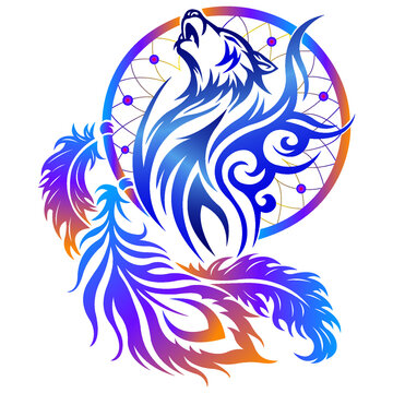 Dream catcher with howling wolf. Multi-colored silhouette of a totem in ethnic style for decorating interiors and clothes. Tattoo sketch, talisman amulet for energy and psychological protection.Vector