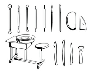Set of pottery tools. Collection of tools for sculpting ceramics and clay. Pottery. Hobbies and workshop. Vector illustration for a handmade shop.
