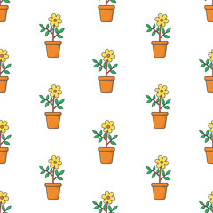 Flowers In Pot Seamless Pattern On A White Background. Plant Flower Theme Vector Illustration