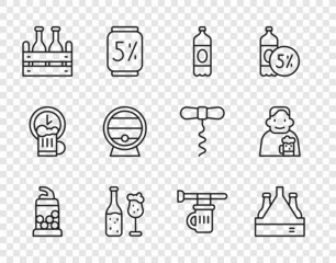 Set line Bottle opener, Pack of beer bottles, Plastic, Beer and glass, Wooden barrel on rack, Signboard with and Happy man icon. Vector