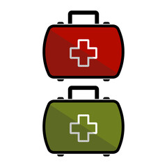 Obraz premium Red and green first aid kit on a white background. Vector flat illustration.