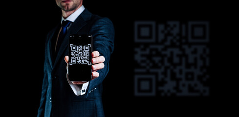 Qr code mobile. Digital mobile smart phone with qr code scanner on smartphone screen for online...