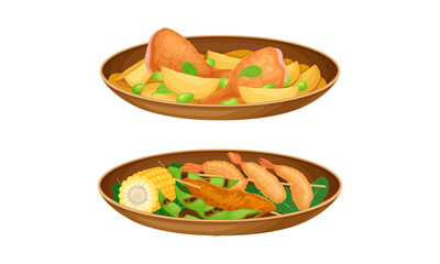 Tasty dinner dishes set. Fried potato and drumsticks, and seafood served on plates, main courses served on plates vector illustration