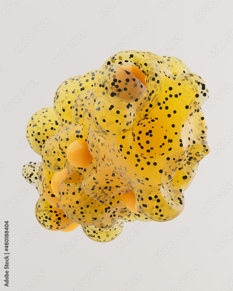 Poster 3d rendering abstract molecula yellow shape with black dots pattern. isolated on bright background d