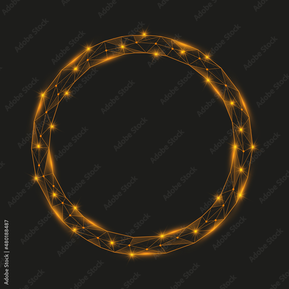 Poster abstract low poly golden circular frame with glowing orange elements. round shape with shinning conn