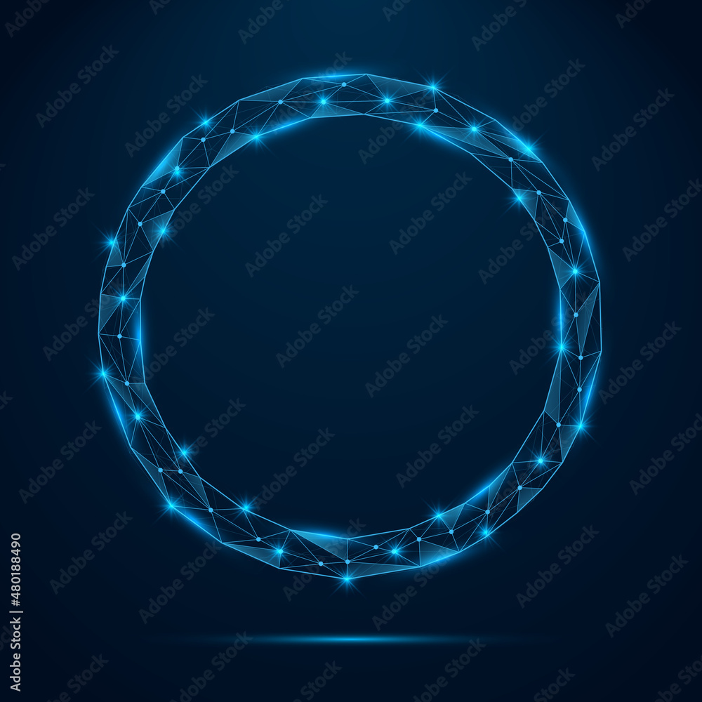 Poster abstract low poly blue circular frame with glowing elements. round shape with shinning connecting do