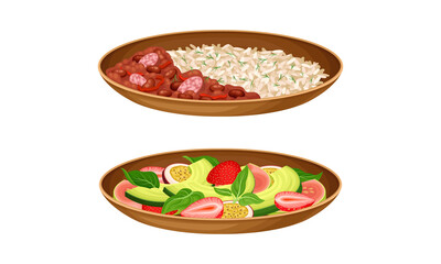 Nutritious tasty dishes set. Rice with stewed beans and salad of fresh vegetables, main courses served on plates vector illustration