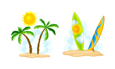 Tropical summer beach with palm trees and surfboard vector illustration