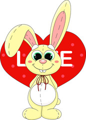 Cute cartoon drawing of a plush toy rabbit with a valentine. A rabbit with a red bow on the background of a heart. Happy Valentine's Day on February 14.