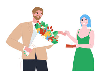 A man gives a bouquet of flowers. The girl gives the man a gift. Mutual congratulations. Flat vector illustration.