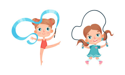 Set of kids doing sport. Little girls doing rhythmic gymnastics and jumping with skipping rope. Children activities cartoon vector illustration