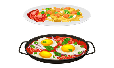 Nutritious tasty dishes served on plates set. Pasta with salmon fish, fried eggs with tomatoes cartoon vector illustration