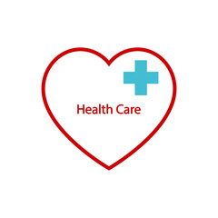 Heart icon. Healthcare. Medical care design in the form of a symbol of a red heart and a cross with an inscription. Vector creative illustration.