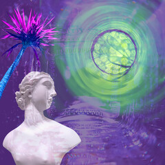 Contemporary collage. Sculpture of a woman and a palm tree on an abstract glowing neon background